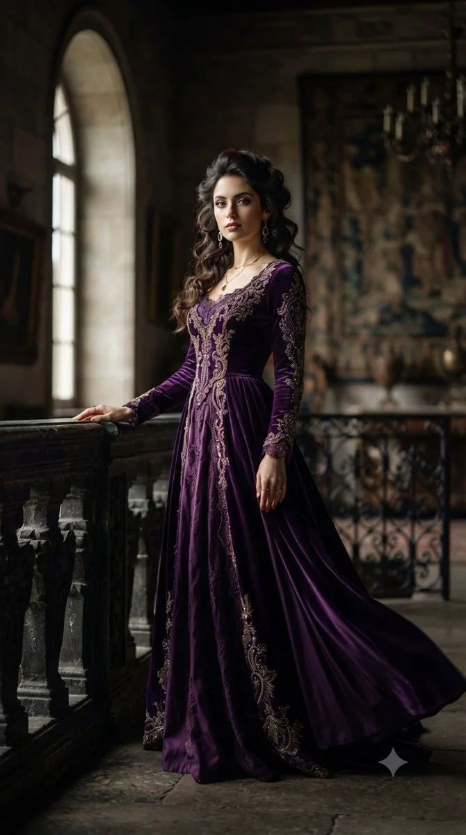 Elegant woman in purple velvet gown poses in historic hall
