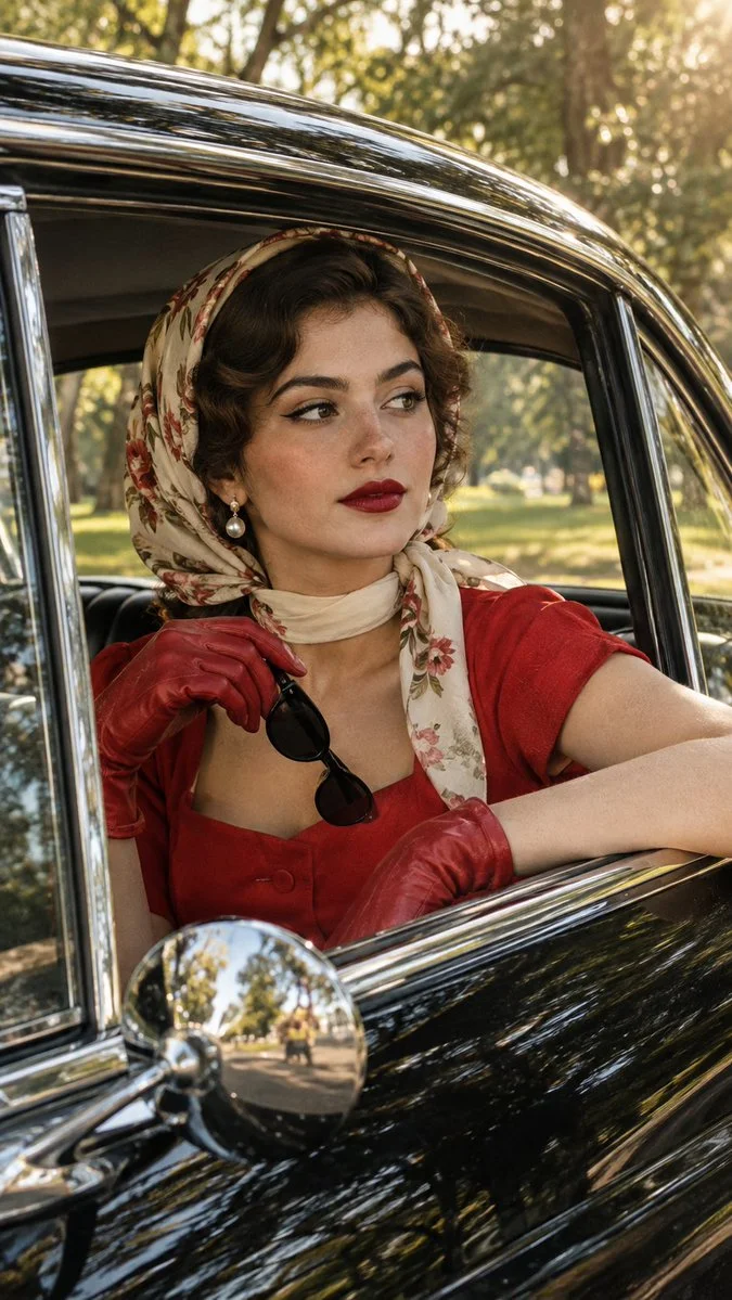 Elegant woman in red dress poses inside classic black car