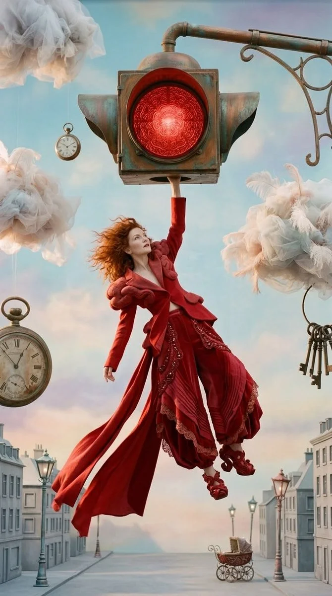 Elegant Woman in Red Floats Upward Reaching Giant Vintage Traffic Signal