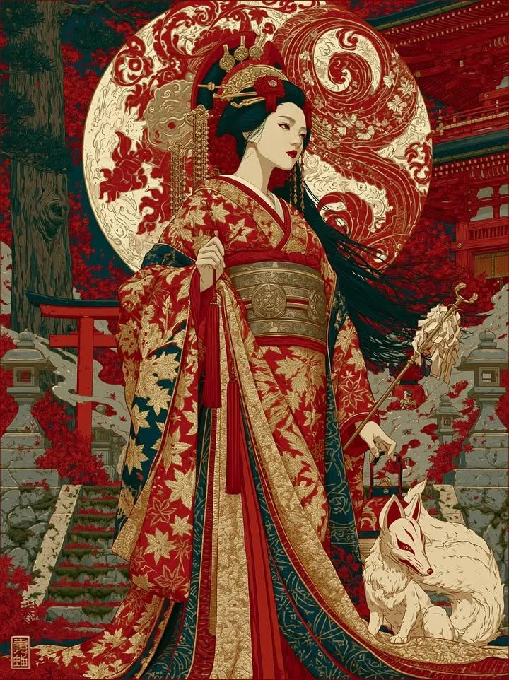Elegant woman in red kimono stands beneath autumn moon