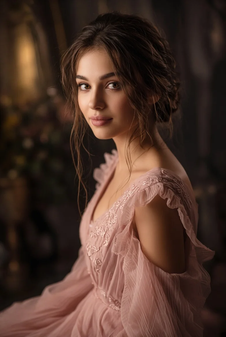 Elegant Woman in Sheer Pink Silk Poses Serenely in Dim Light