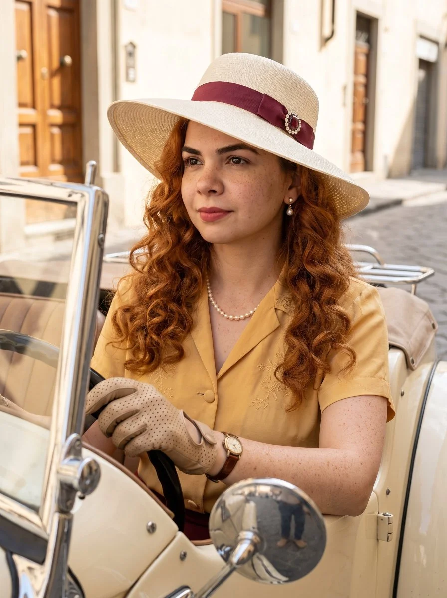 Elegant Woman in Straw Hat Drives Classic Car in Golden Light