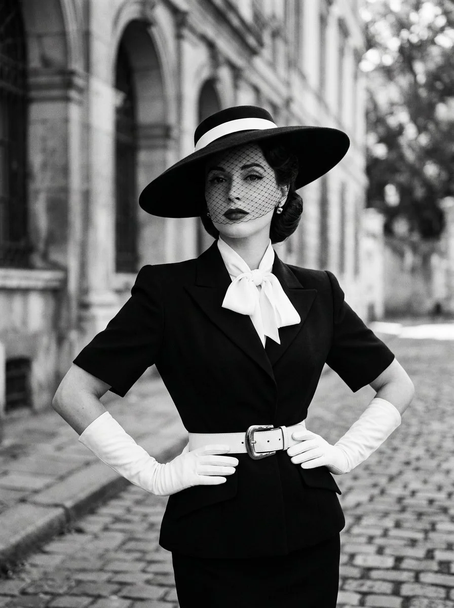 Elegant Woman in Vintage Black and White High-Fashion Attire