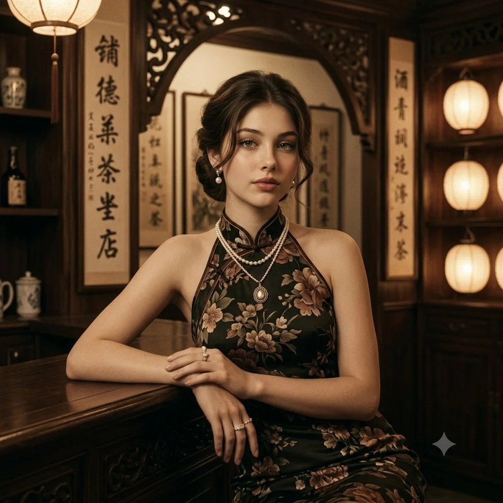 Elegant Woman in Vintage Shanghai Café with Warm Lantern Glow
