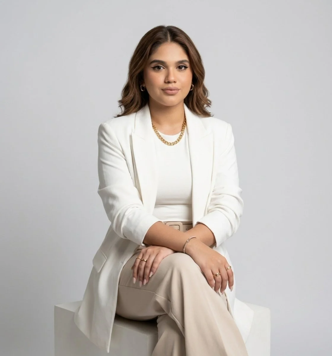 Elegant woman in white blazer sits poised on a cube