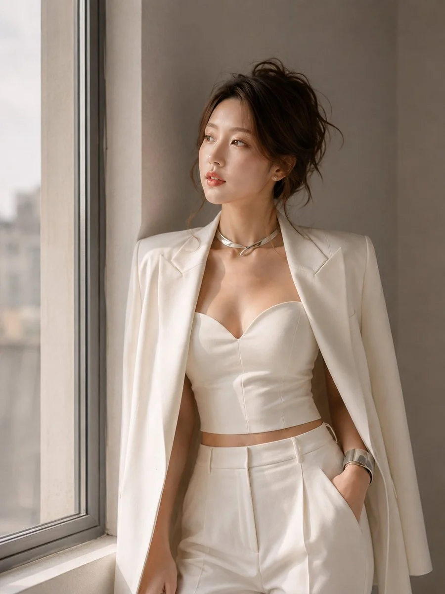Elegant woman in white corset seated by sunlit window