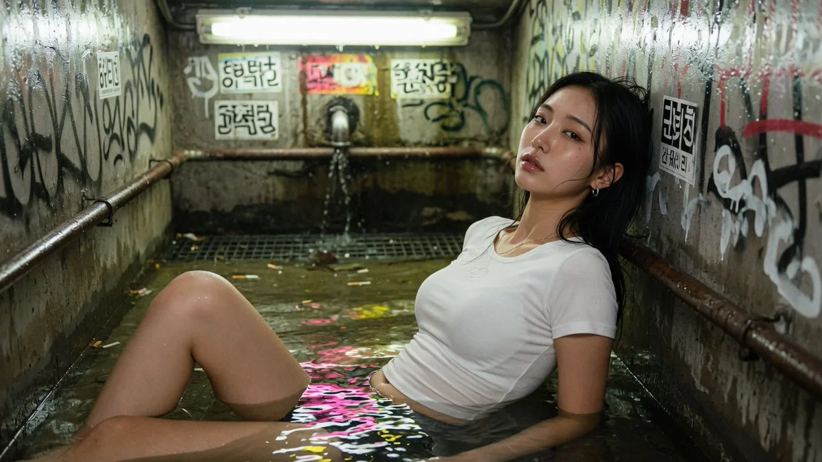 Elegant woman in white top reclines in a gritty tunnel