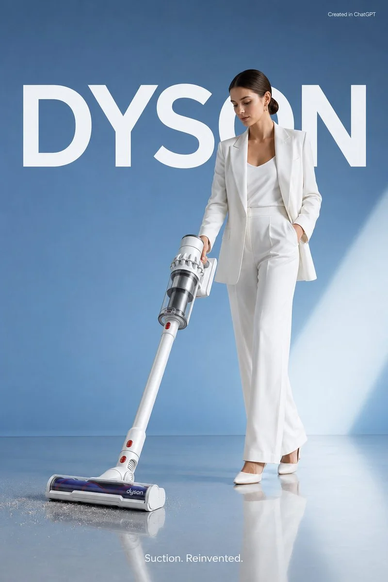 Elegant woman in white vacuums with Dyson V15 on glossy floor