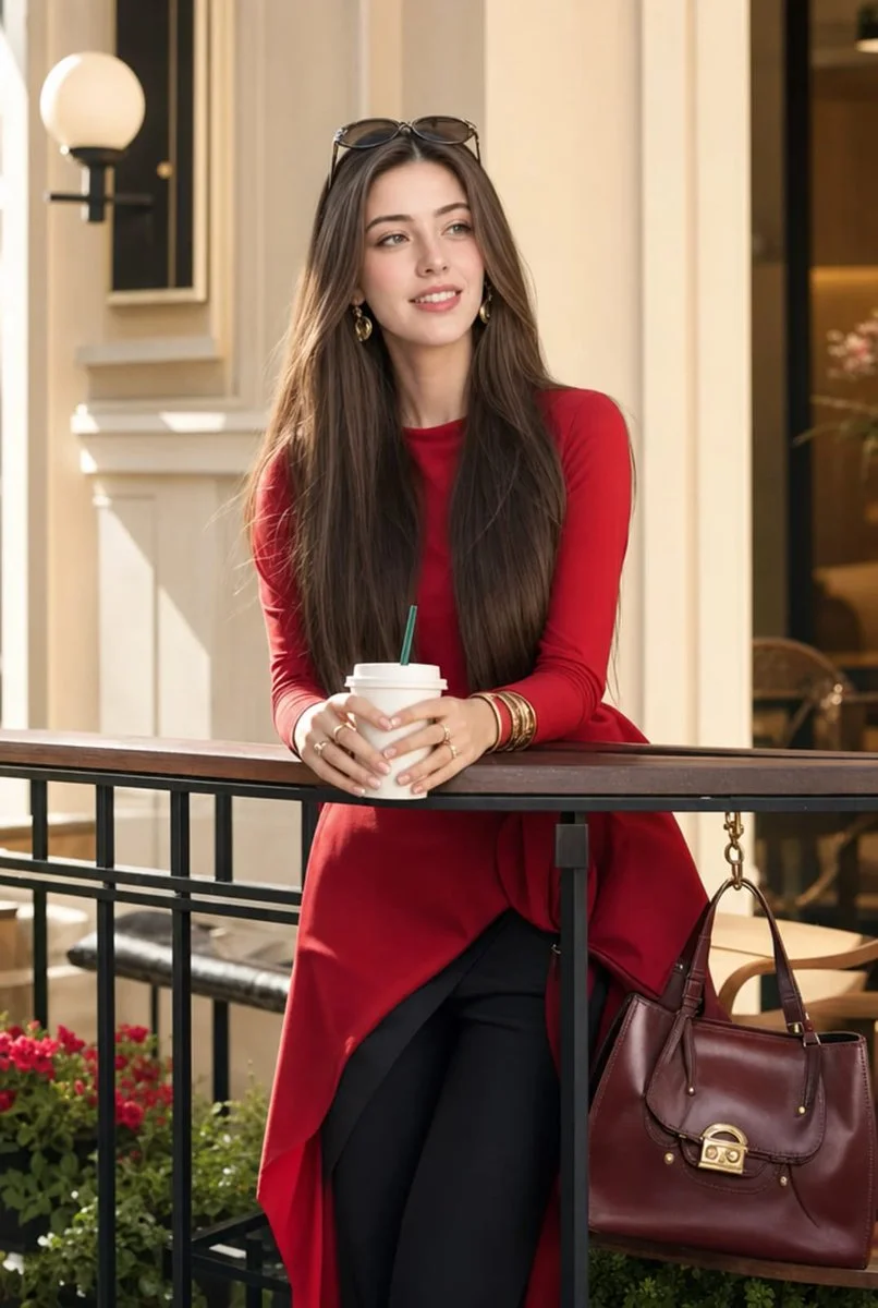 Elegant woman leans on balcony with coffee and style