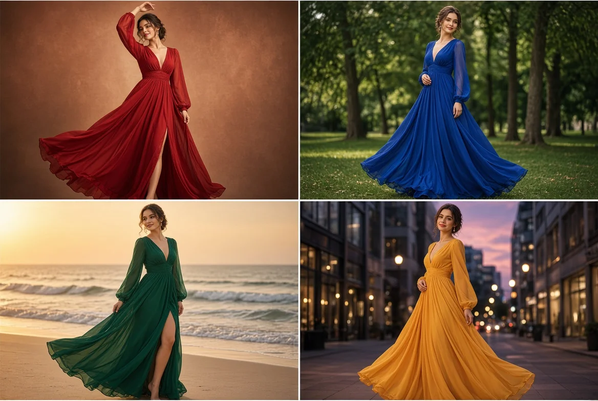 Elegant Woman Poses in Four Vibrant Chiffon Dresses Across Diverse Settings