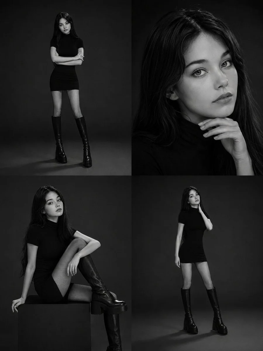 Elegant woman poses in monochrome high-fashion editorial collage