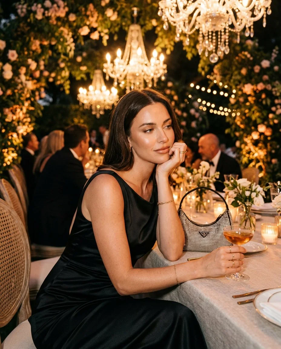 Elegant Woman Sits at Candlelit Garden Dinner Under Chandeliers
