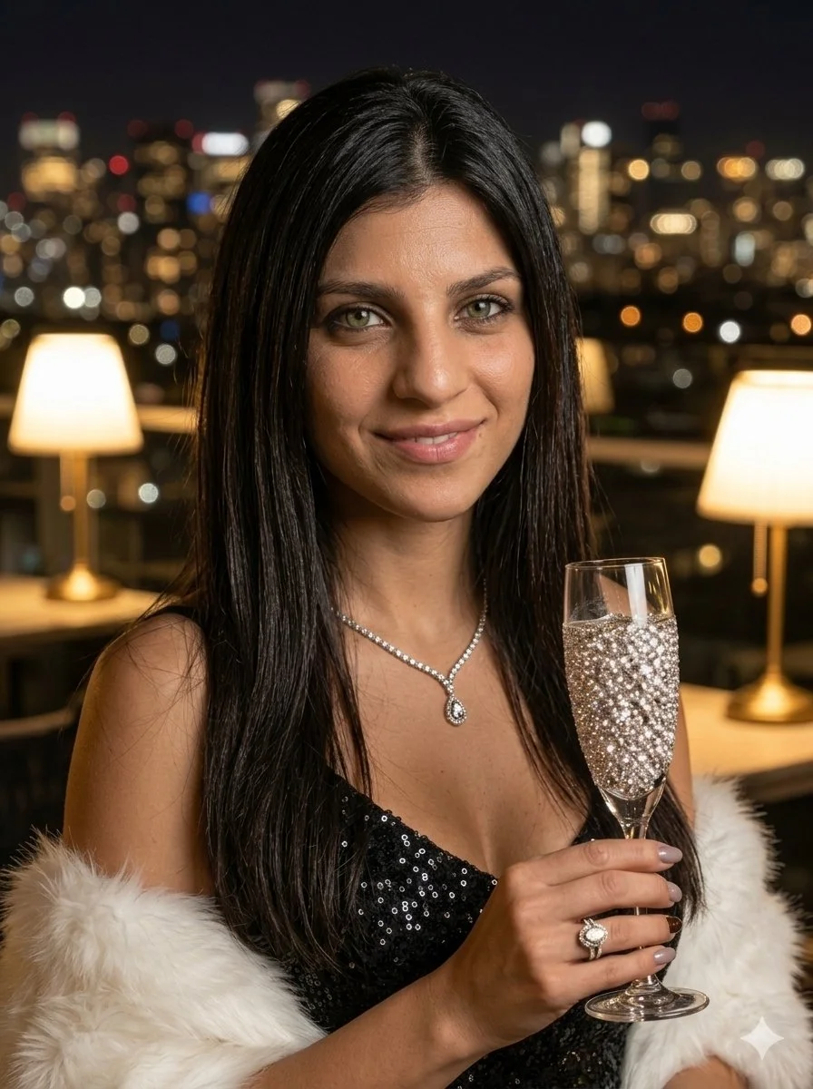Elegant Woman Smiling with Diamond-Covered Champagne Flute at Night