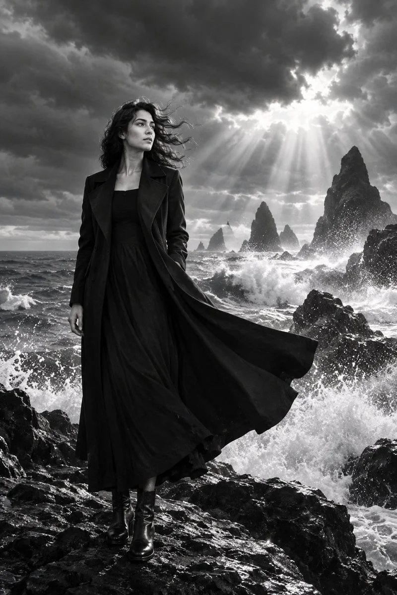 Elegant woman stands on volcanic rocks facing stormy ocean winds