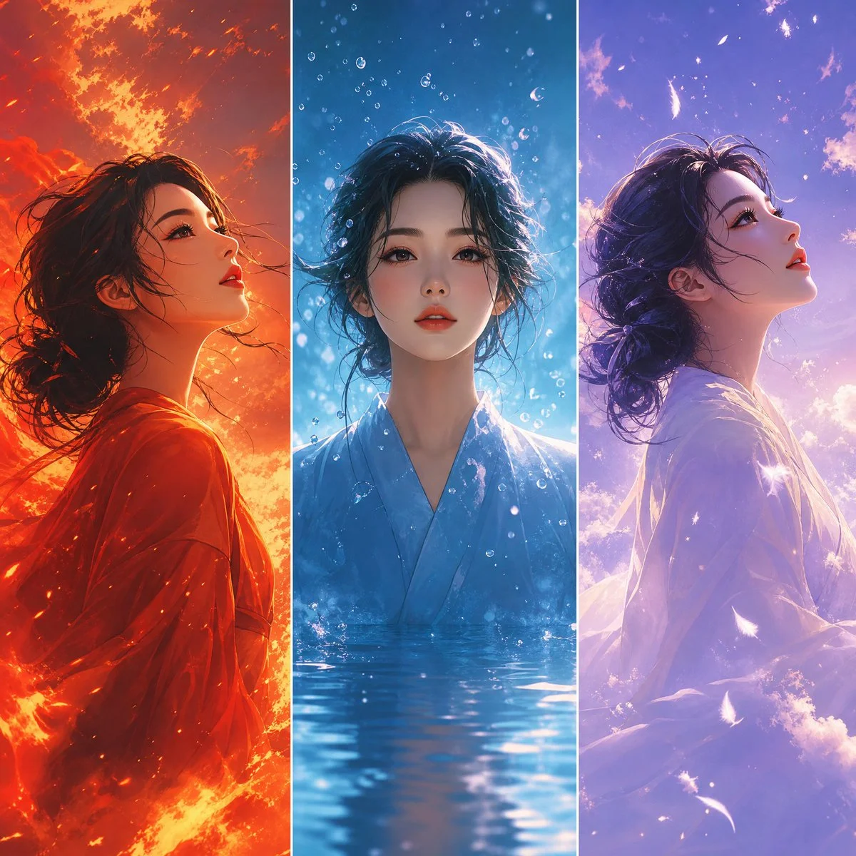 Elegant woman transforms through fire, water, and air elements