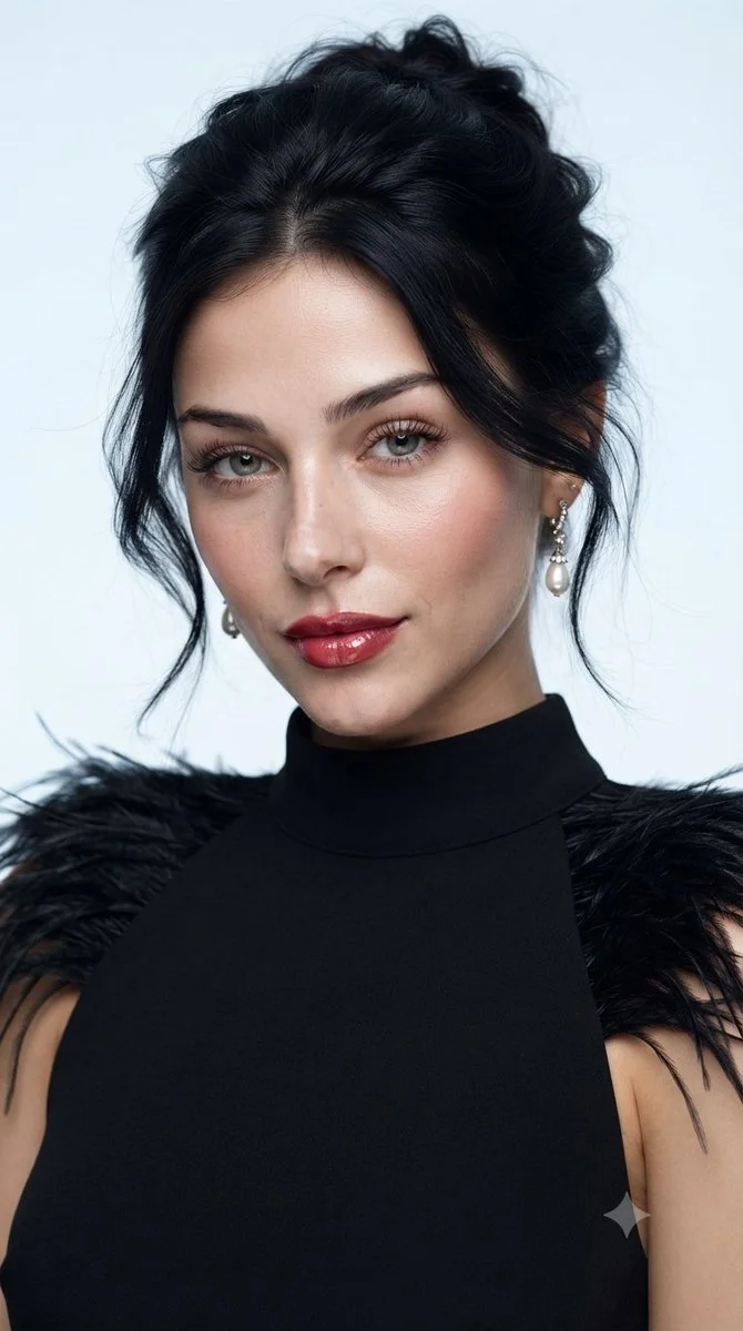 Elegant Woman With Black Feathers Poses In Studio Beauty Portrait
