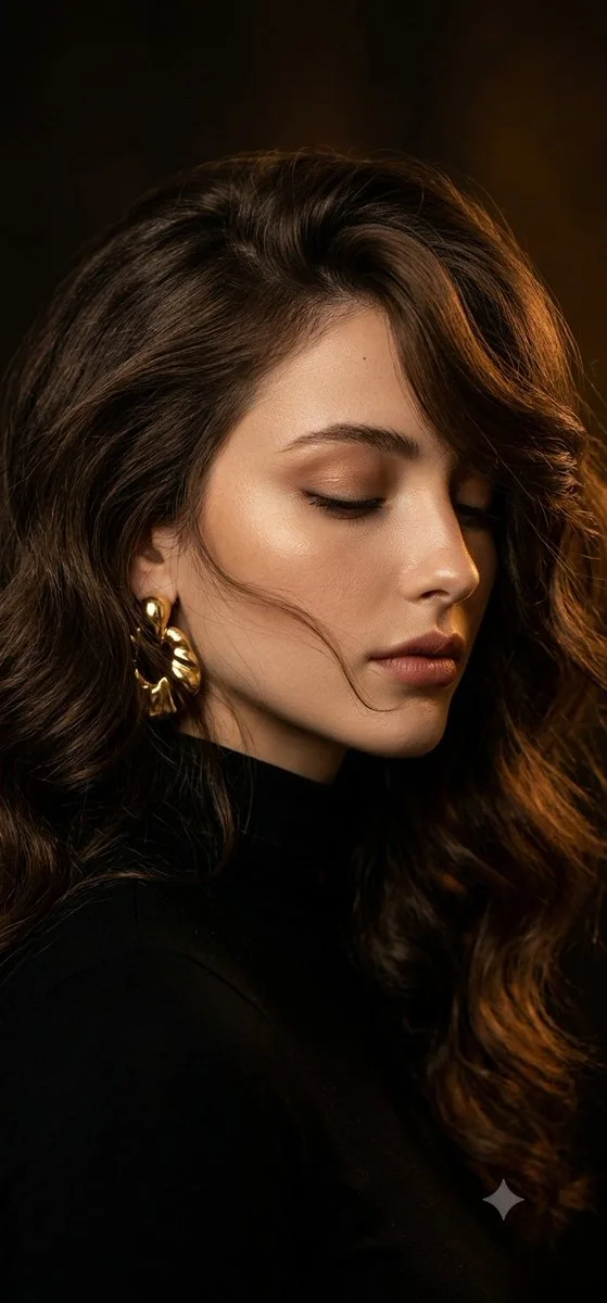 Elegant woman with closed eyes in warm chiaroscuro studio portrait