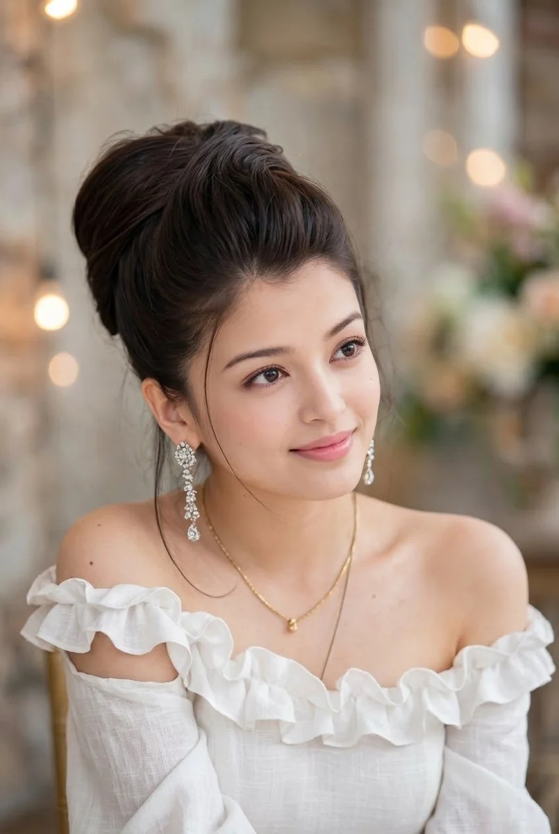 Elegant woman with French twist bun smiles in soft bokeh light