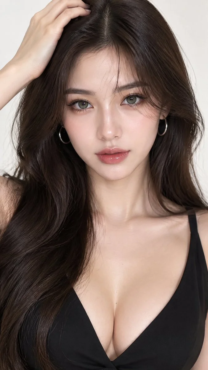 Elegant woman with hand in hair poses under soft studio lighting