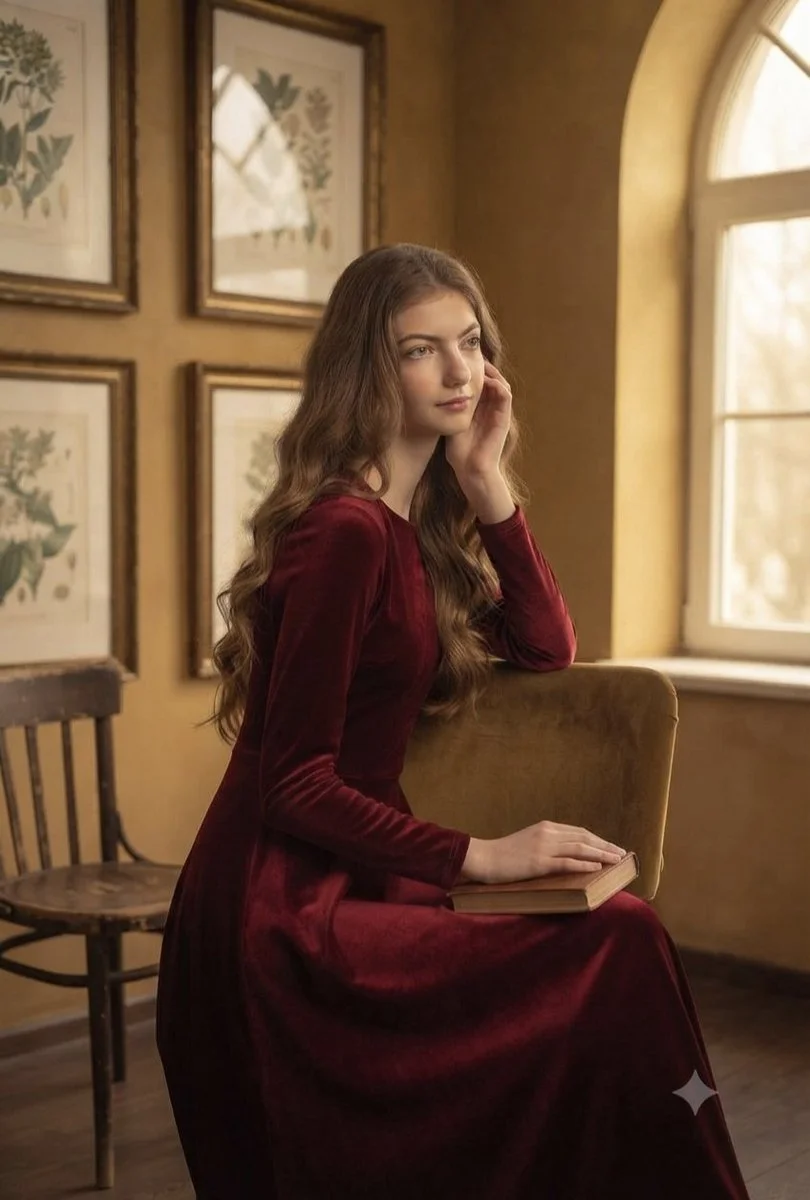 Elegant women in velvet dresses bask in golden window light