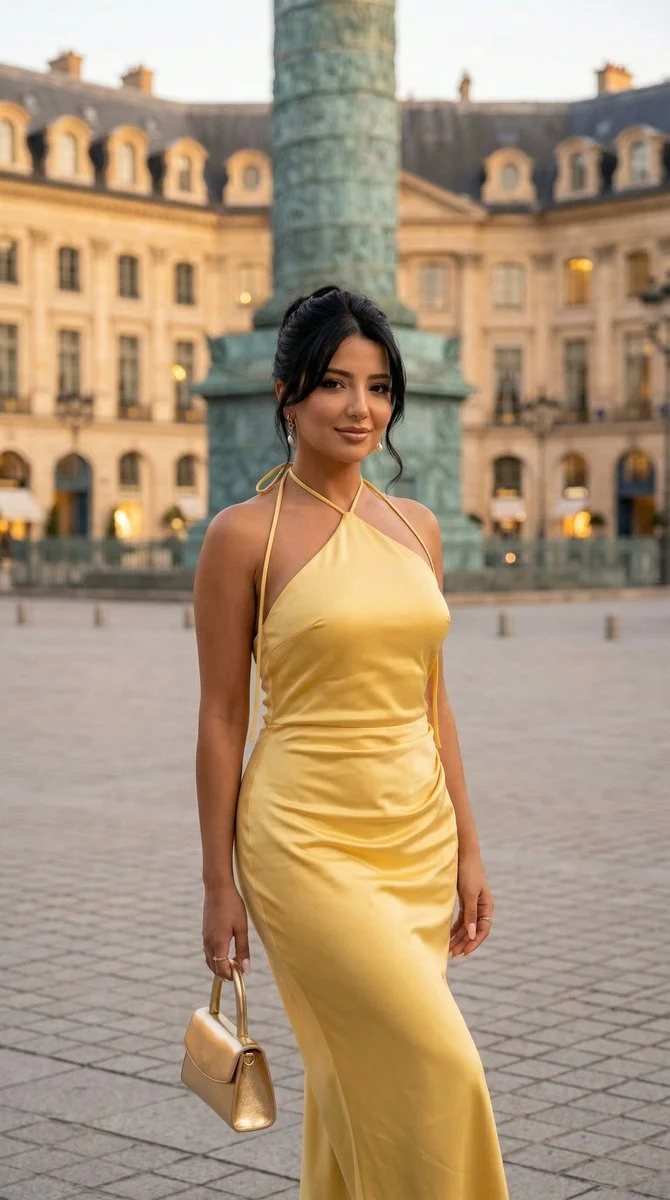 Elegant Yellow Satin Gown in Place Vendôme's Golden Hour Glow