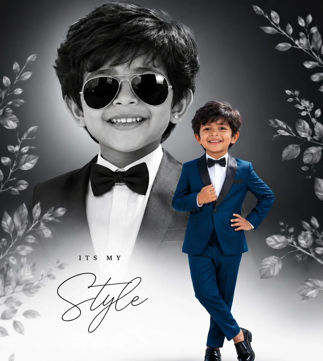 Elegant young boy in royal blue tuxedo poses with monochrome portrait
