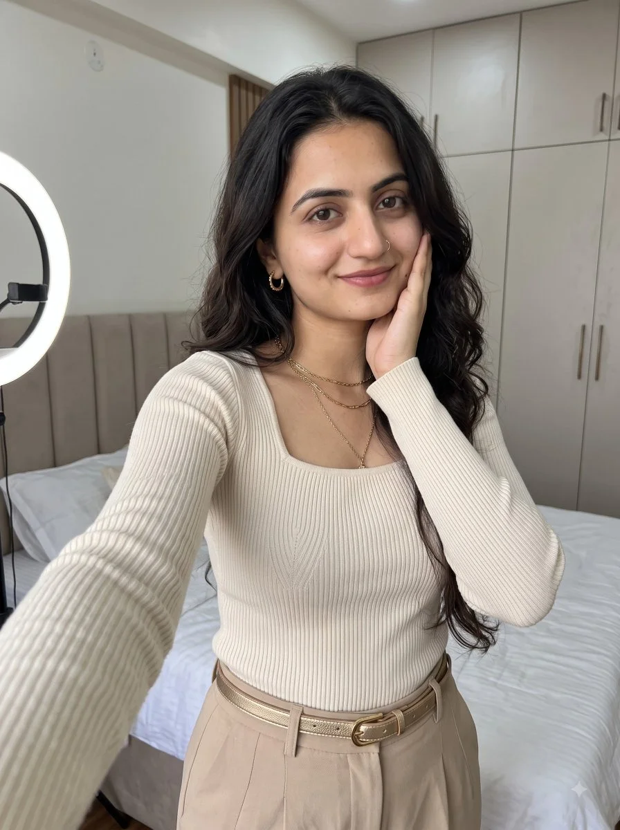 Elegant young woman captures a soft selfie in her cozy bedroom