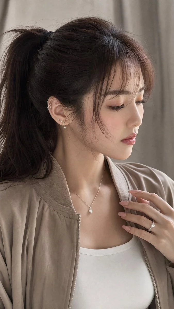 Elegant young woman with serene expression in soft beige jacket
