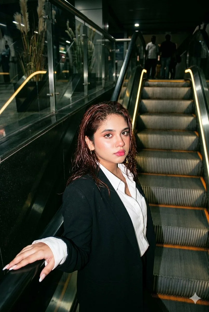 Elevated Elegance: Nighttime Escalator Fashion