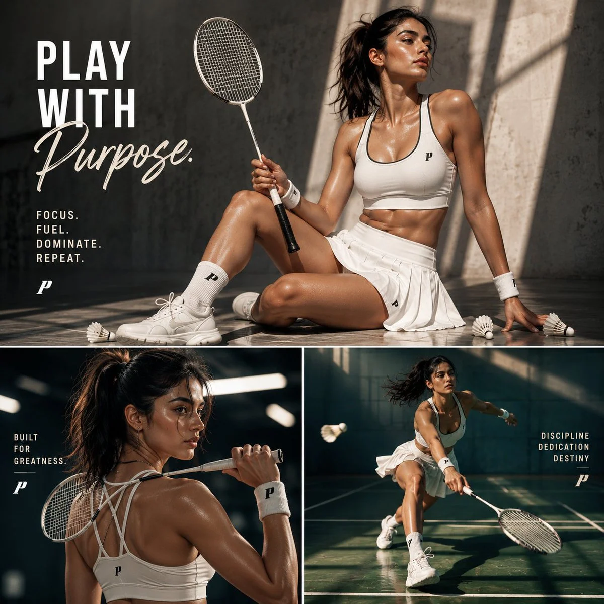 Elite badminton athlete poses confidently in dramatic arena lighting