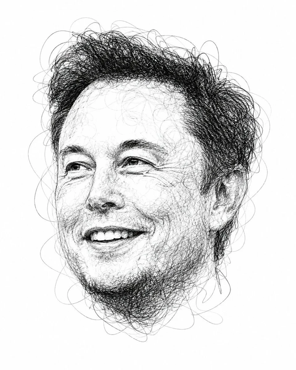 Elon Musk and Donald Trump in chaotic scribble portrait