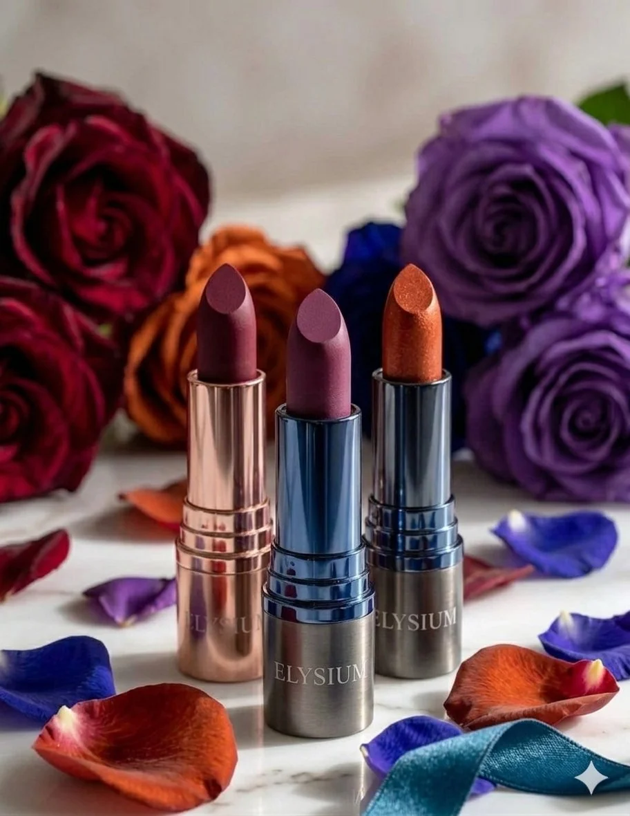 Elysium Lipsticks Elegantly Displayed on Marble with Floral Accents