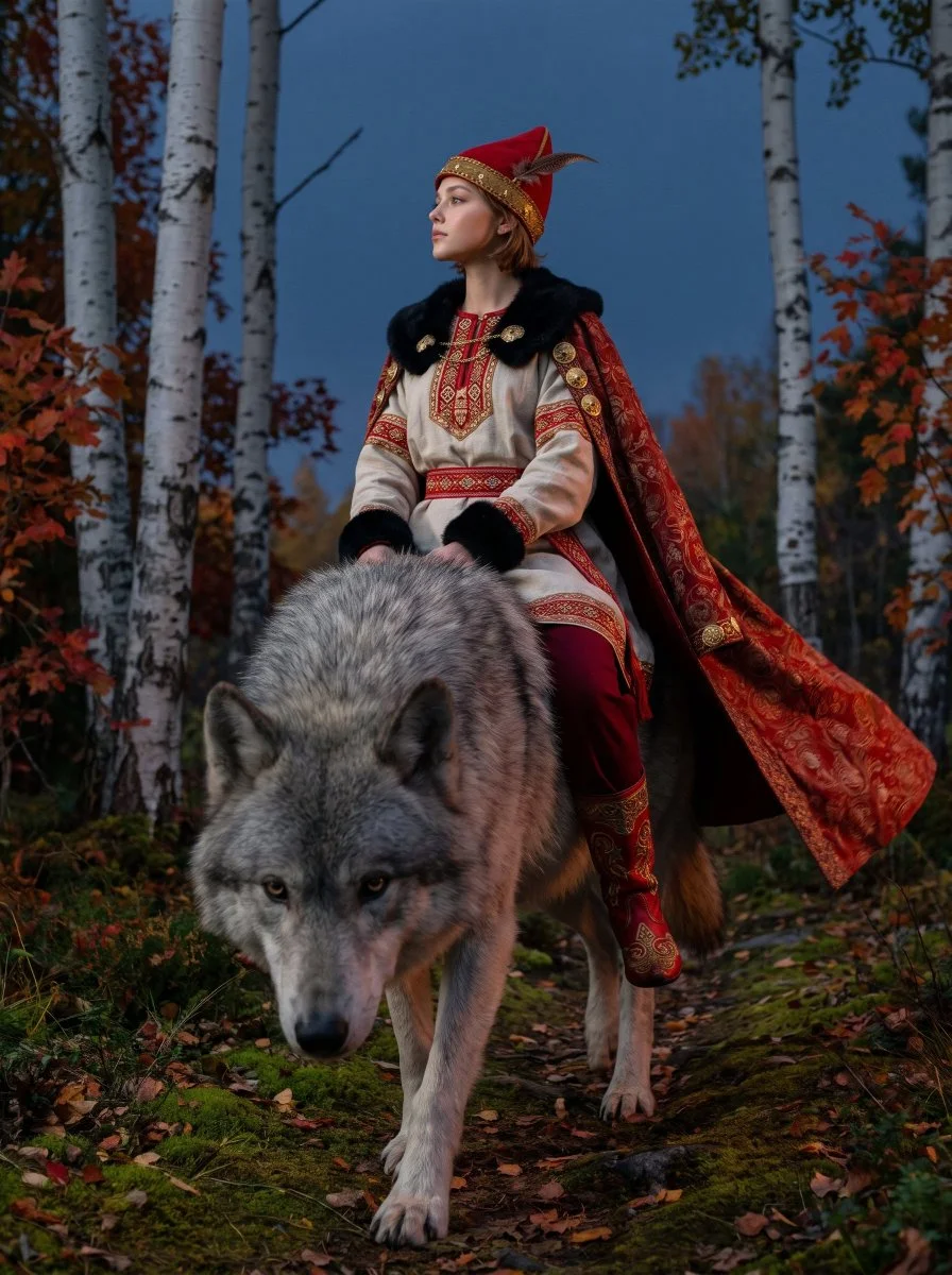 Embroidered red cape rider sits high behind looming wolf