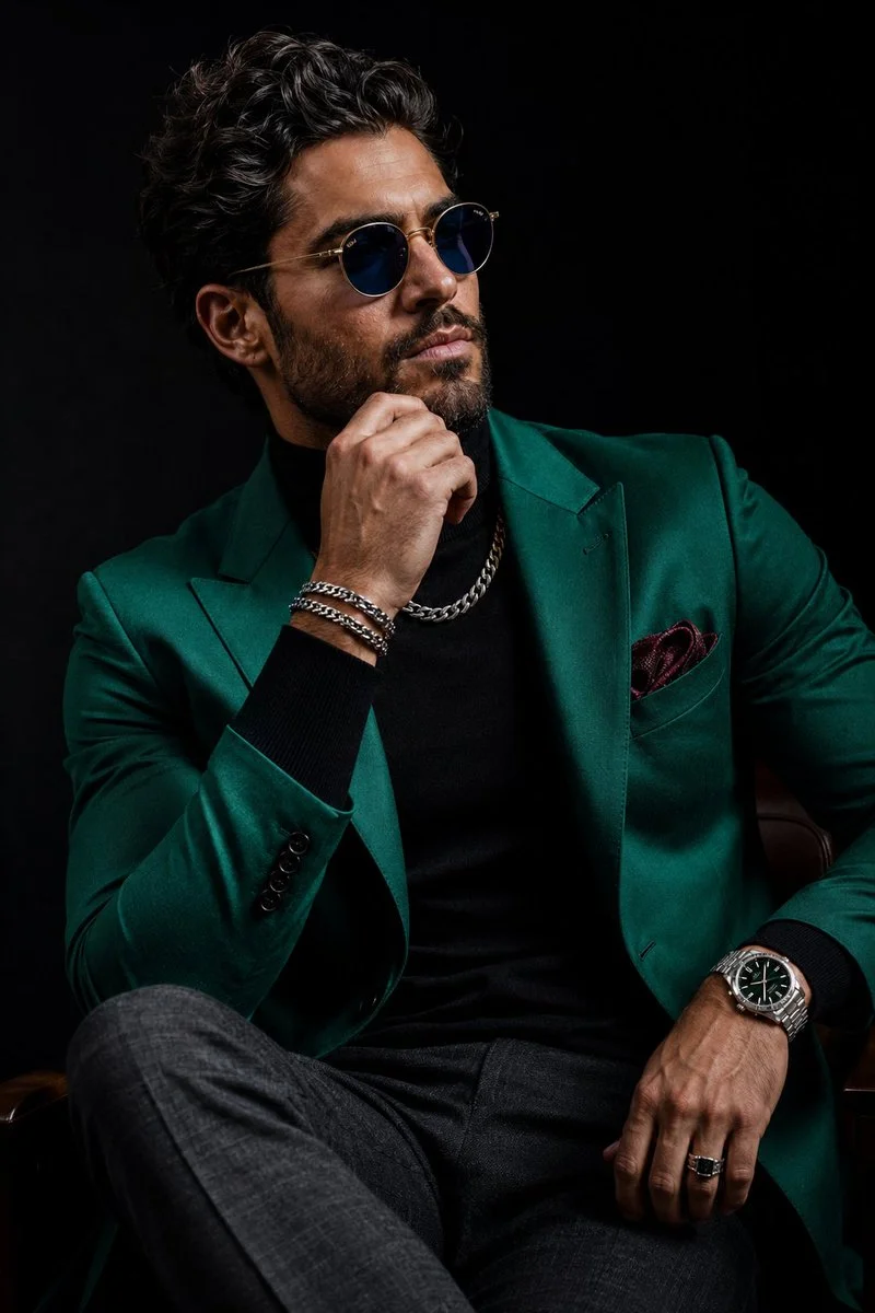 Emerald blazer and confident pose define modern luxury style