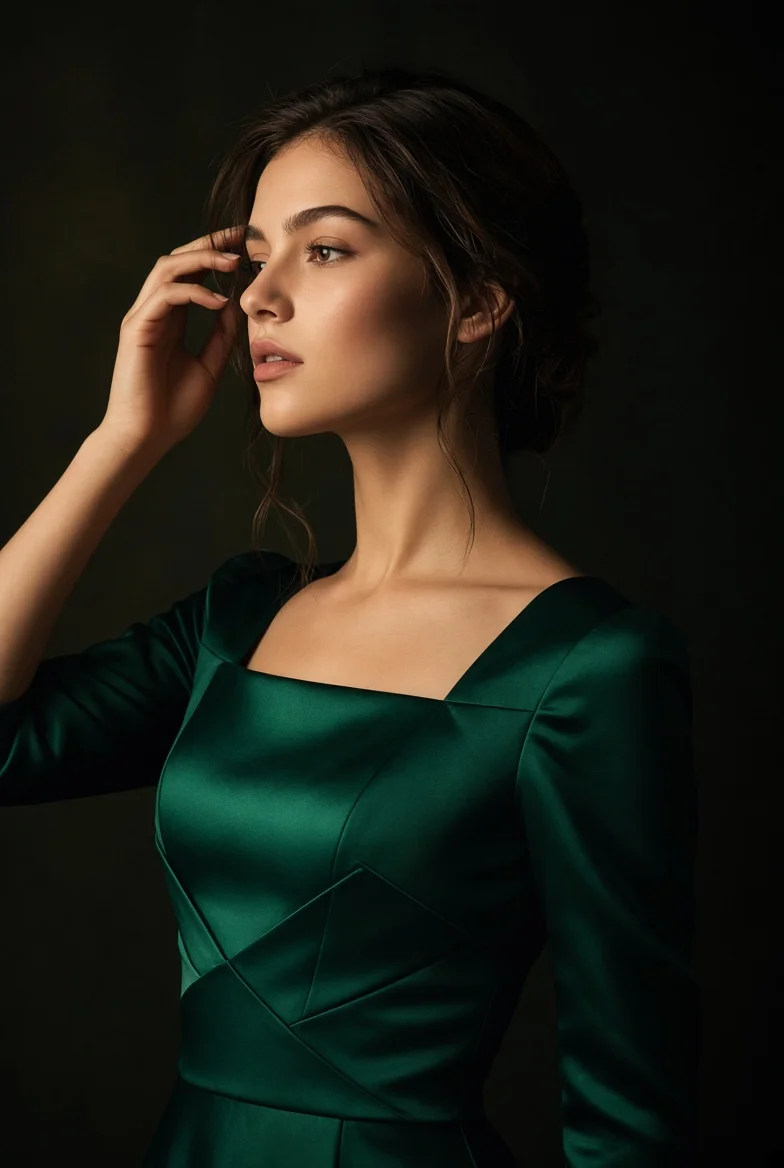 Emerald-clad muse gazes afar as satin fabric glows in moody light