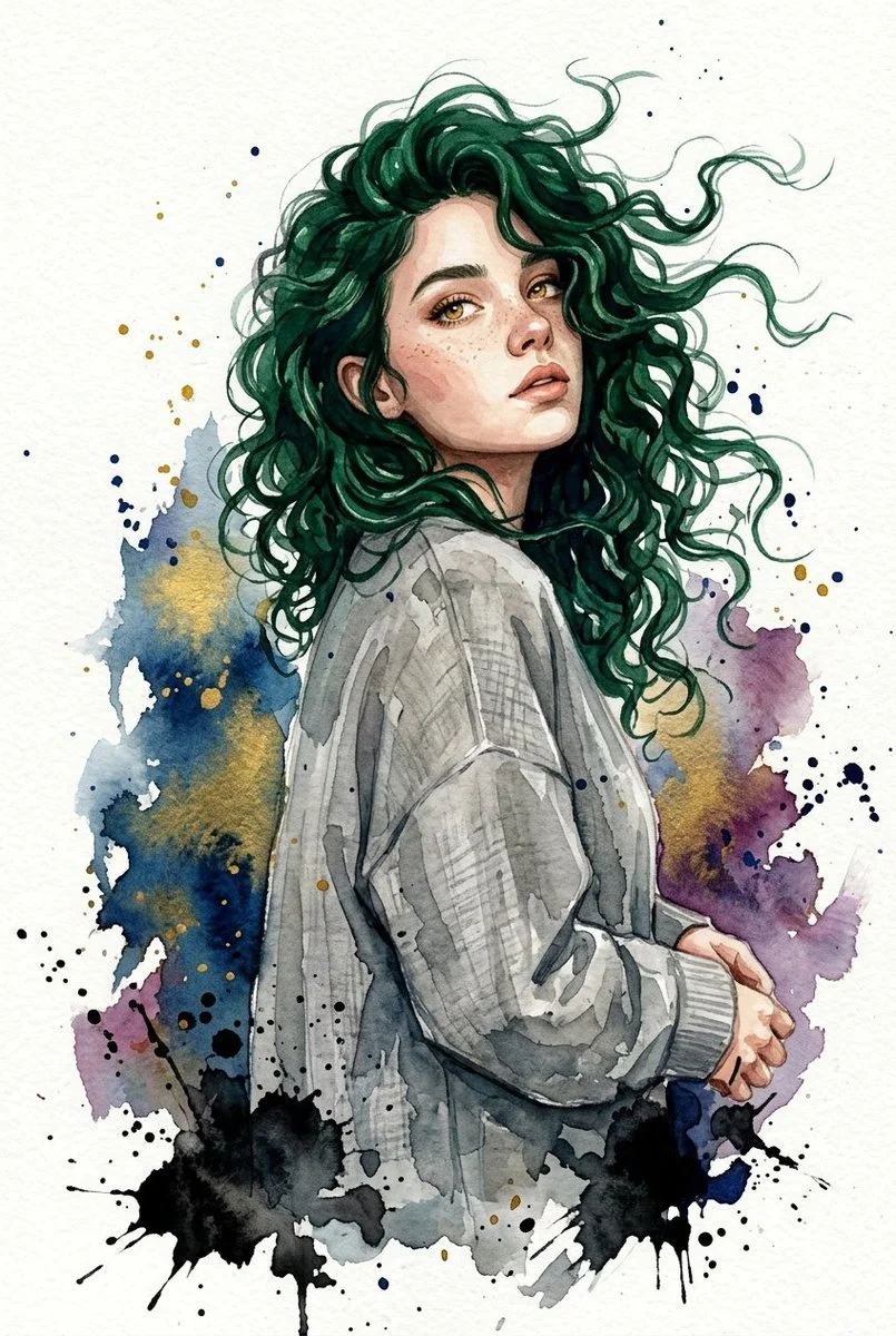 Emerald curls frame introspective double portrait in watercolor