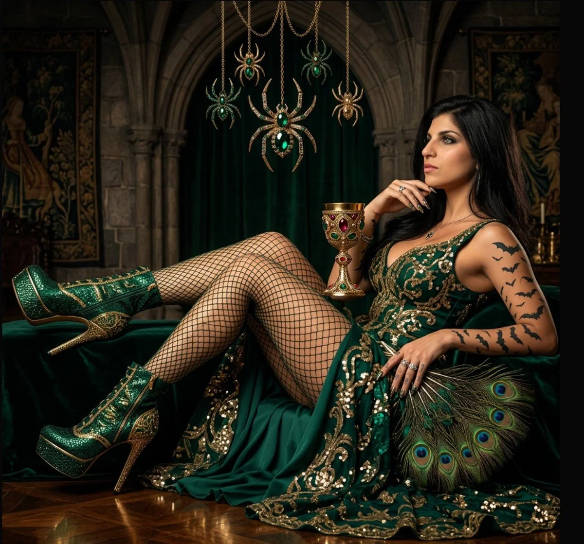 Emerald Enchantress Holds Golden Goblet in Gothic Chamber
