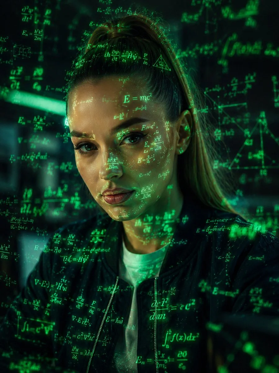 Emerald equations illuminate a brilliant woman's face with glowing data.