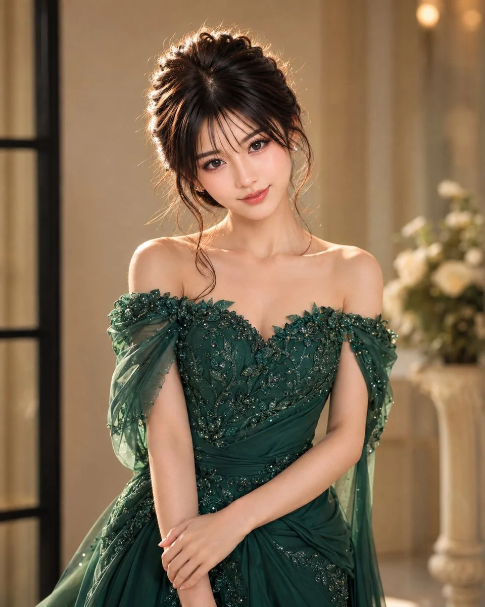 Emerald Gowned Woman Smiles Softly in Cream Bokeh Interior