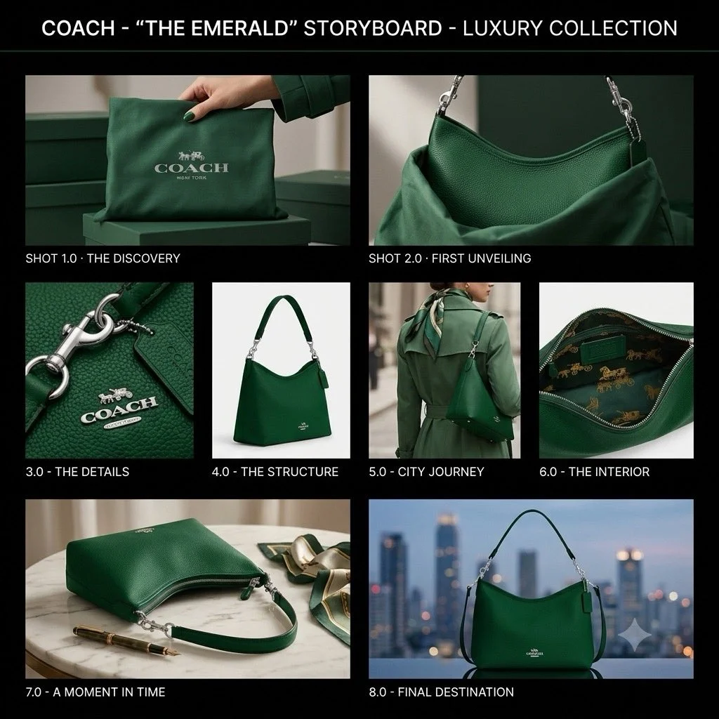 Emerald green Coach bag shines in a cinematic storyboard presentation.