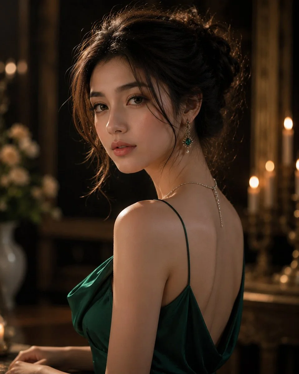 Emerald satin and soft candlelight frame a romantic gaze
