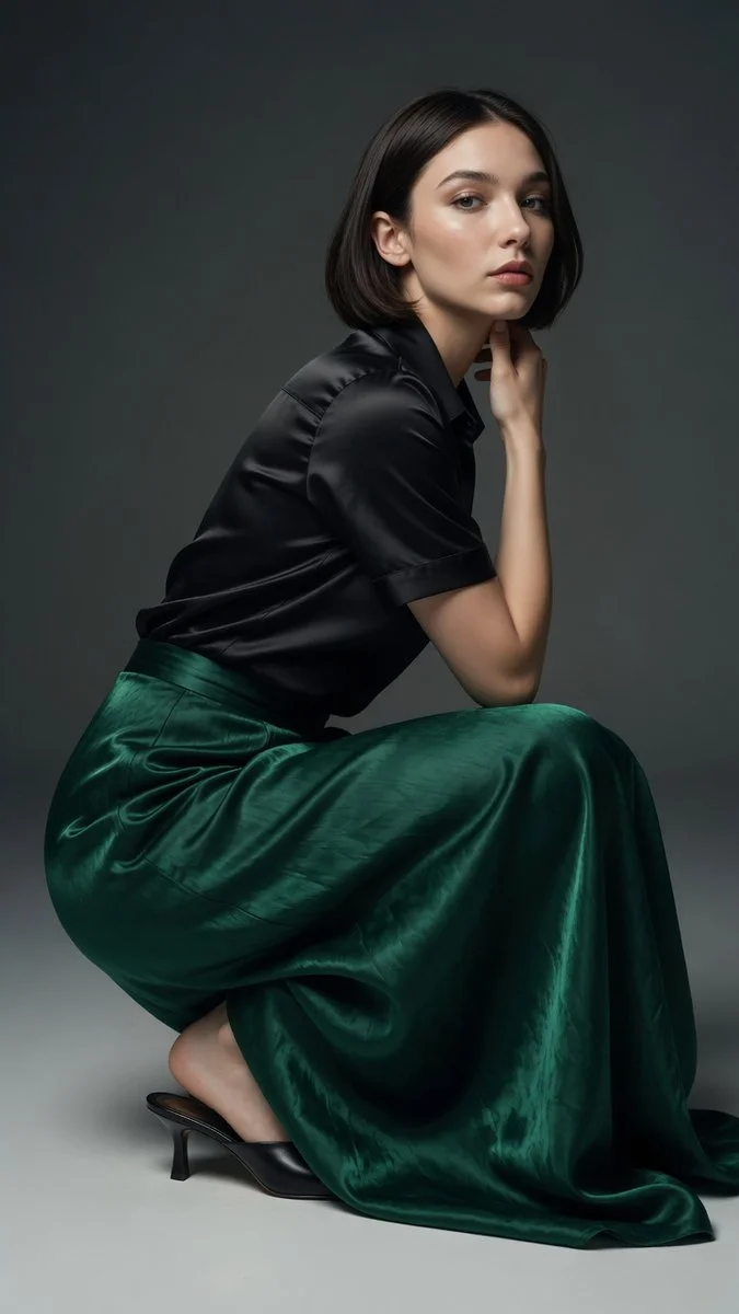 Emerald satin pools around Matilda De Angelis in a confident low squat