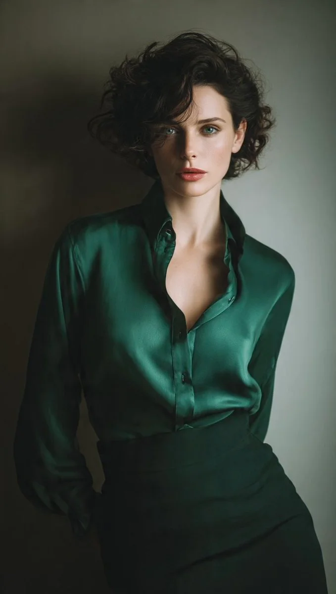 Emerald satin shirt and dark curls define a timeless portrait