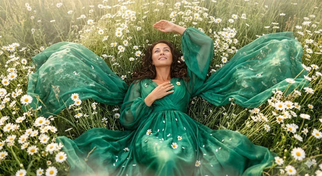 Emerald Serenity Amid Morning Daisies