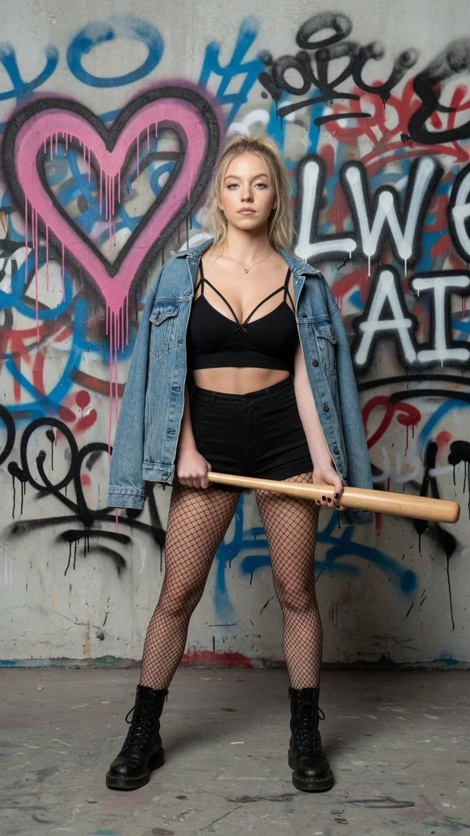 Emma Willis poses with a bat against a gritty street mural