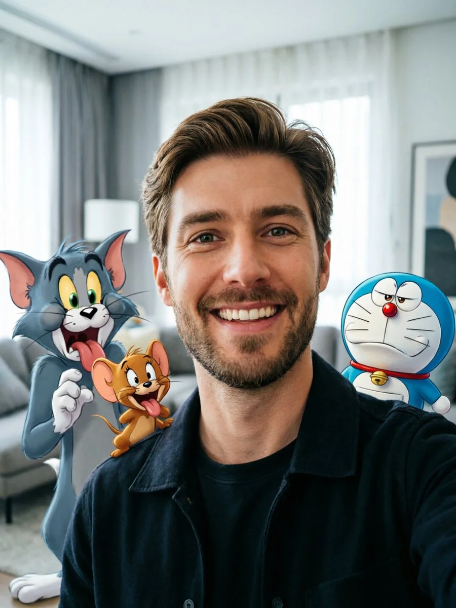 Emotional Contrast of Human Joy and Cartoon Exaggeration Captured in One Frame