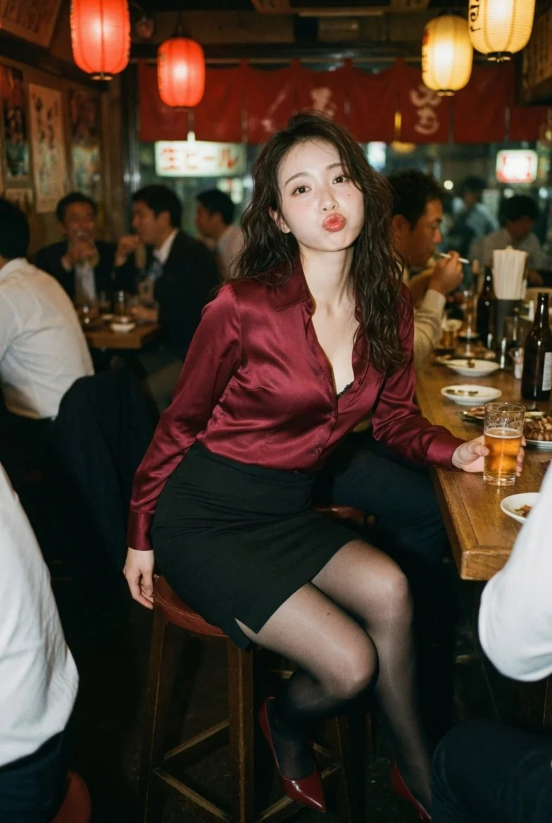 Emotional Glimpse: Innocence Meets Allure in a Nighttime Izakaya Scene