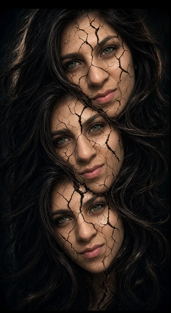 Emotional Multi-Exposure Portrait Reveals Cracked Soil on Skin