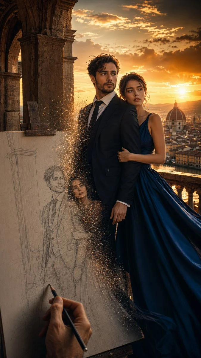 Emotional Tension at Sunset: Artistic Transformation in a Cityscape