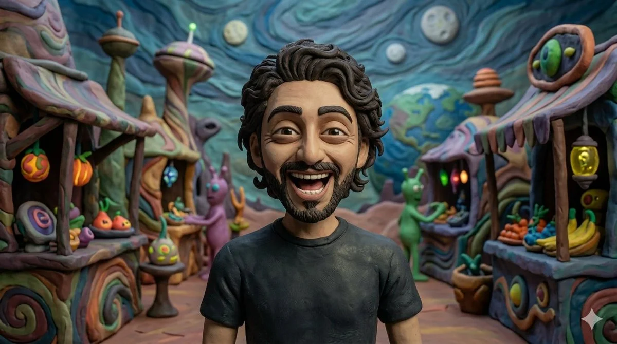 Emotive Clay Portrait in a Whimsical Alien Bazaar Displaying AI Model Contrast